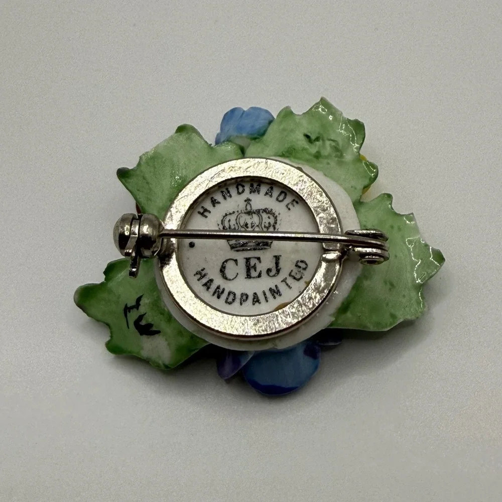 CEJ Handmade Hand Painted Porcelain Pansy Forget Me Not Floral Brooch Pin
